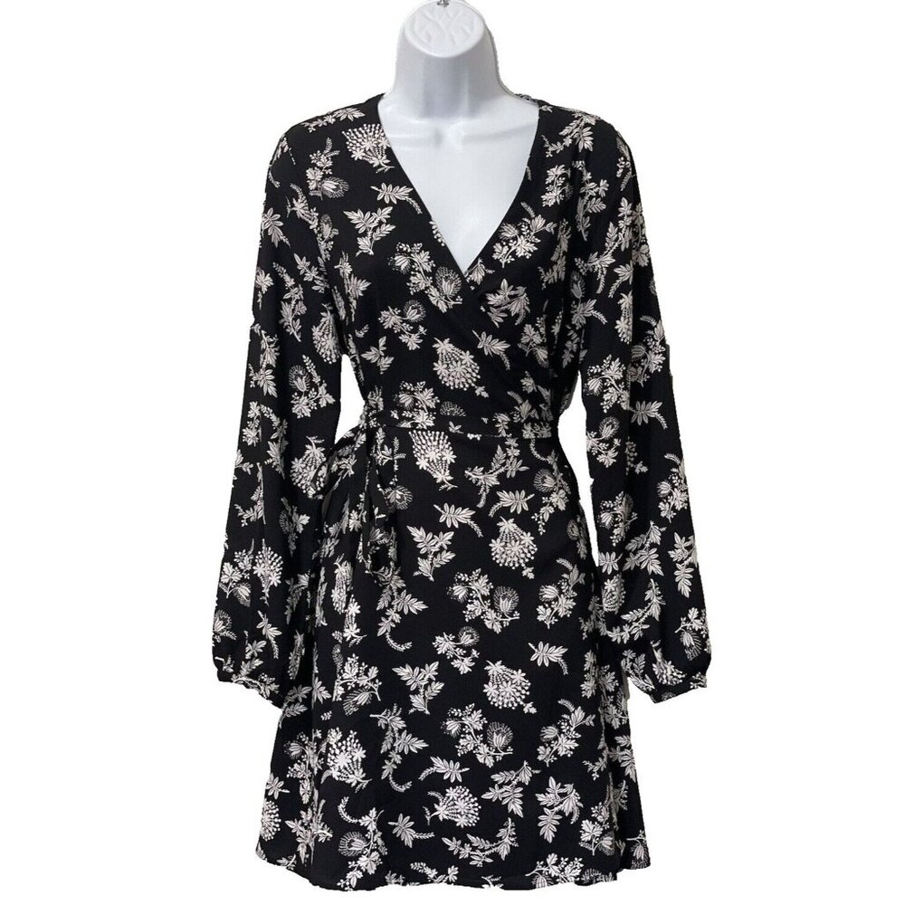 Loft Dress Womens 2 Black White Floral Wrap Flowy Feminine Business Party Date